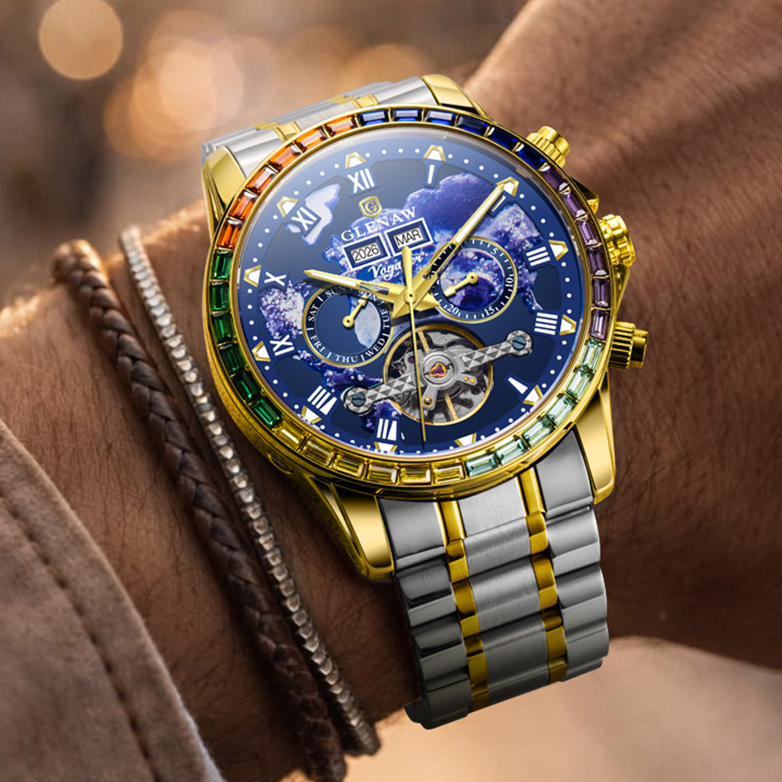 Rolex Watch Daytona - 2026 GLENAW デザイン新しいカレンダー機械式時計メンズ高級レインボーサークルユニークなダイヤルナイトライト防水自動時計