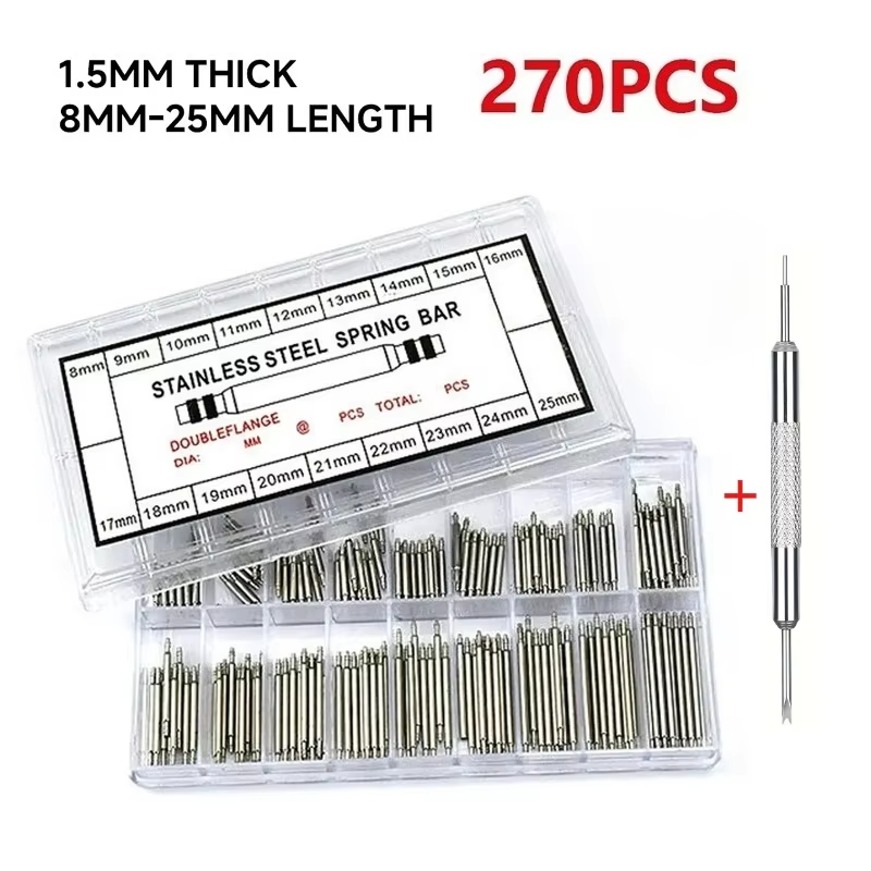 Spring Bar Tool Set - 270 個のステンレス鋼スプリングバーセット直径 1.5 ミリメートル長さ 8 ミリメートル-25