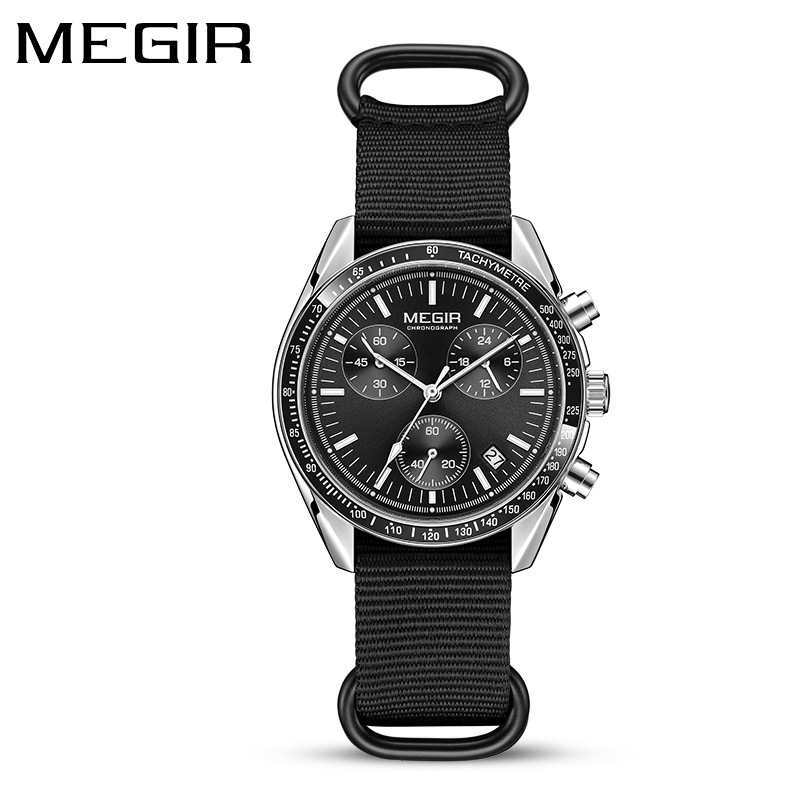 Canvas Strap Watch - MEGIR 2247 メンズ高級クォーツ腕時計 キャンバス織りストラップ クロノグラフ カレンダー