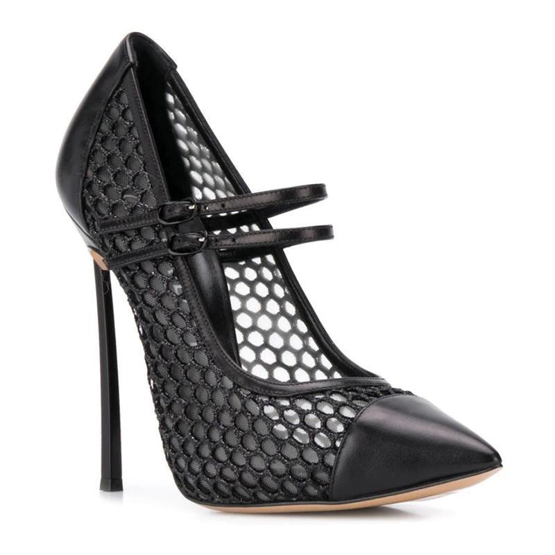 Mesh Strap Metal - セクシーなメッシュパッチワーク、ポインテッドトゥ、ブレードヒールパンプス、ダブルストラップバックル、メタルハイヒール、サマーレディースバンケットシューズ