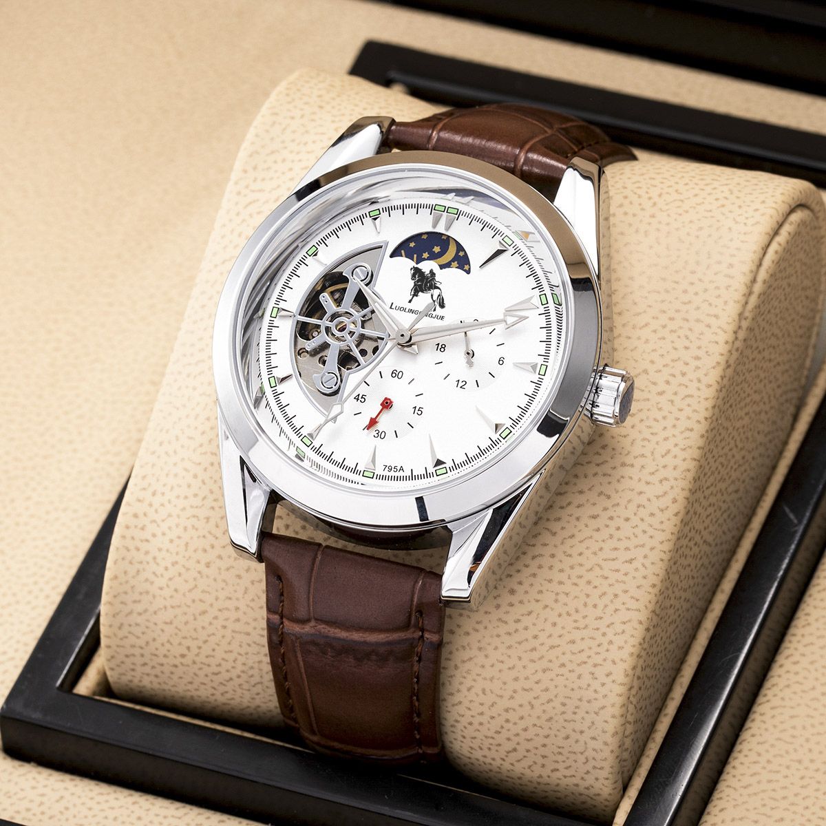 Seiko Watch Presage - ロレーヌ公爵社製の本物の高級メンズ腕時計、ファッショナブルなビジネスカジュアル多用途自動機械式腕時計、スケルトンデザイン、レザーストラップ、ギフトに最適なブランド腕時計、電池不要