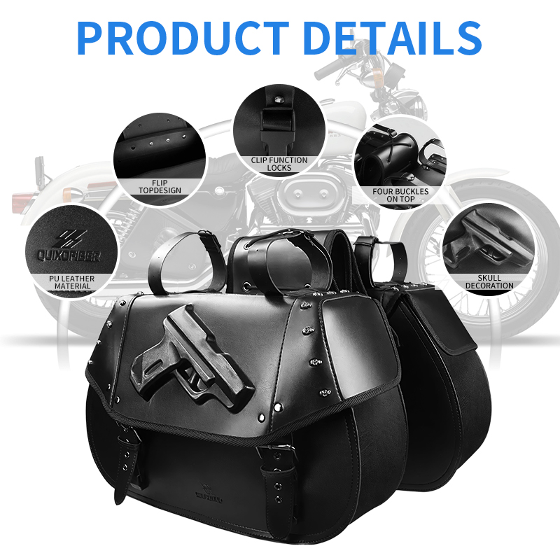 Leather Strap Quick Release - 34L ユニバーサルオートバイ PU レザーサドルバッグ、パンクガンパターンハードシェルサイドラゲッジバッグ、防水耐熱、クイックリリースバックル付き、ドリル不要のマウントストラップ、ハーレー、スズキ、カワサキに適合