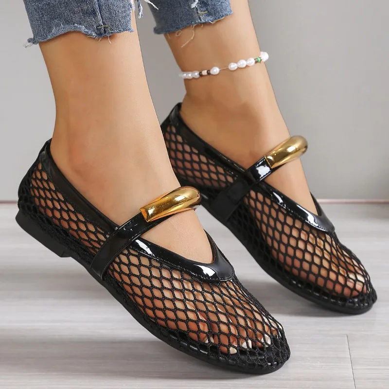 女性の通気性のある夏ラウンドトゥ浅い口メタルバックルワンバッ - Mesh Strap Metal のレビューと価格